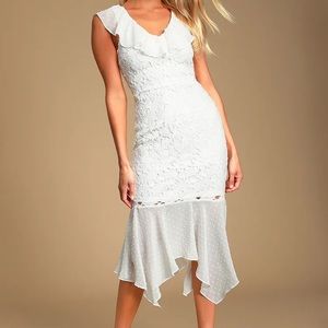 White Lace Midi Dress with Ruffled Trim and Neckline NWOT